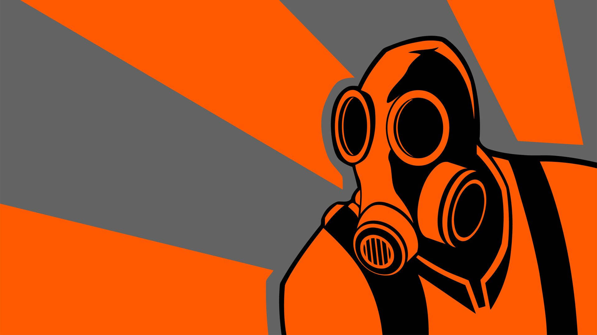 Tf2 桌布 壁紙 — 一個大膽的圖形，黑色和橙色的防毒面具，背景是動態幾何圖案。