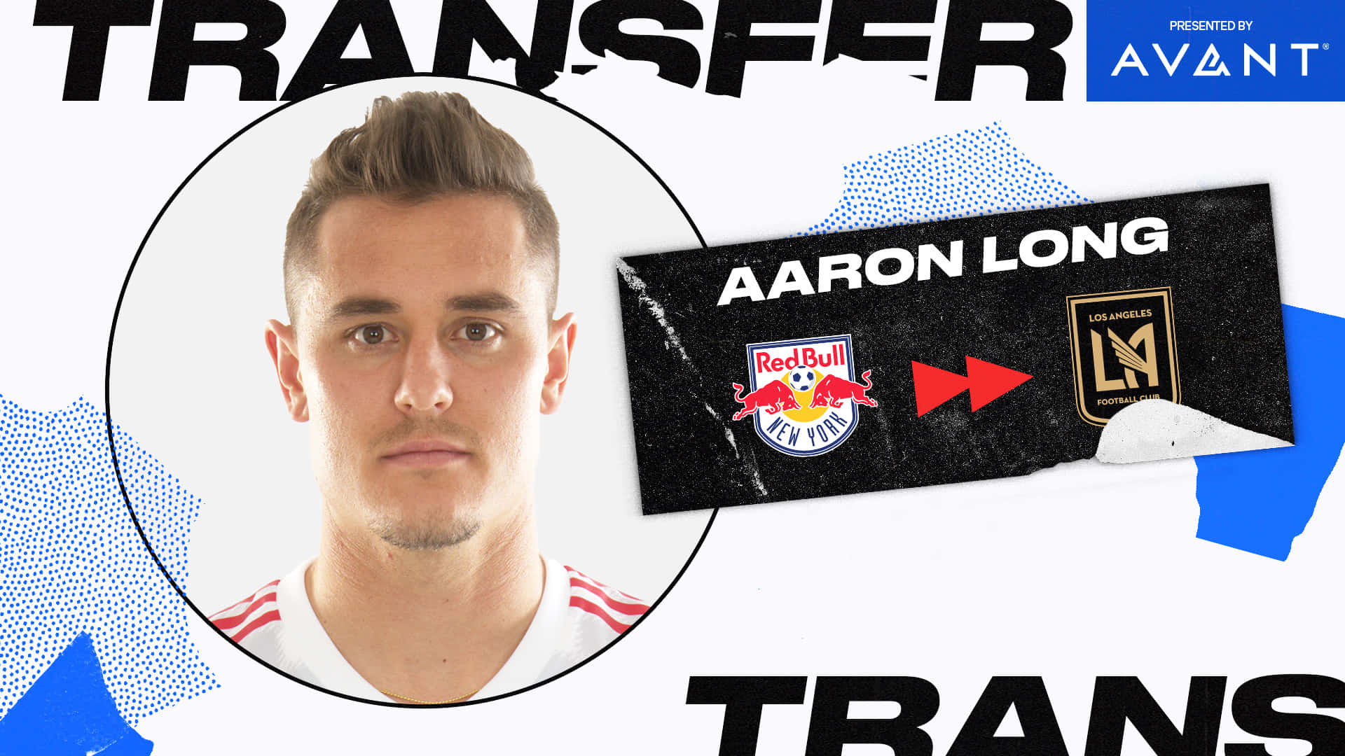 足球 桌布 壁紙 — 一個大膽的圖形宣布足球員Aaron Long從Red Bull New York轉會到LAFC，附有肖像和球隊標誌。