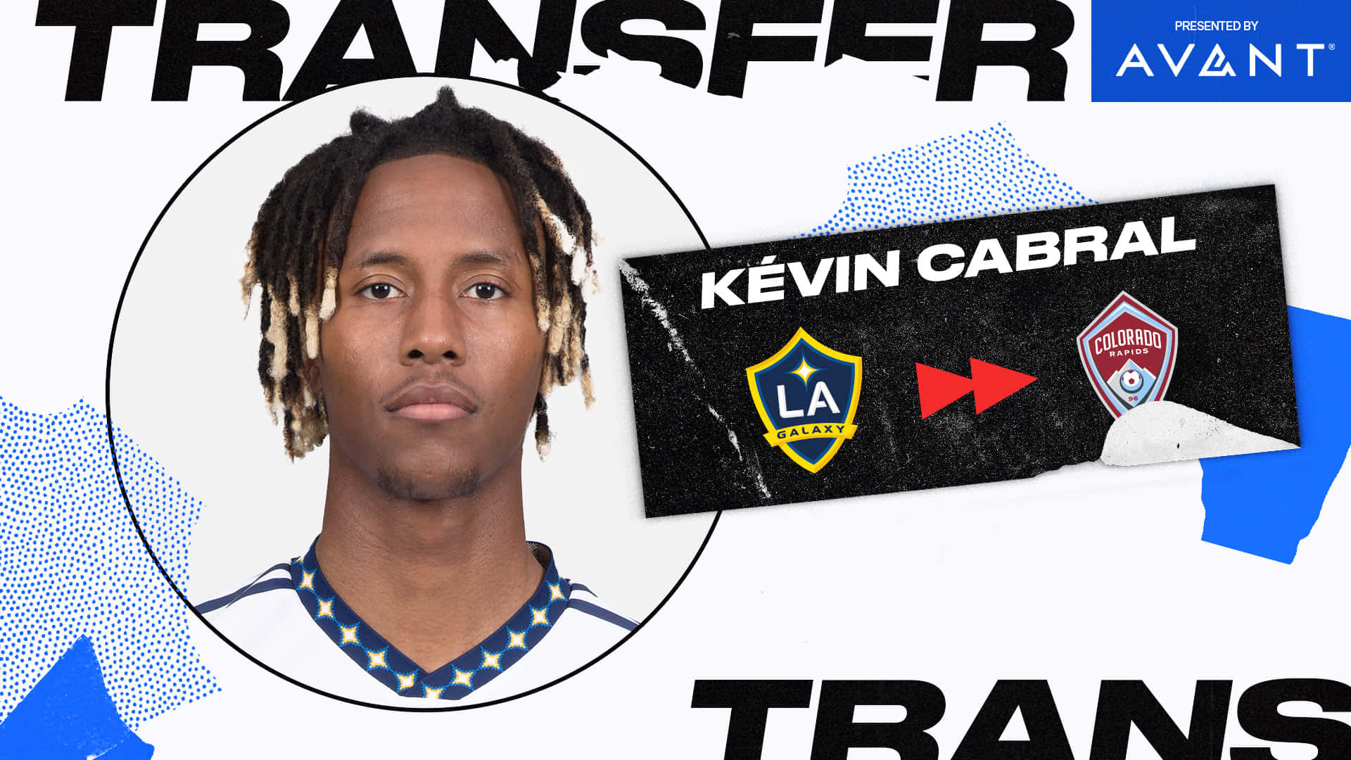 足球 桌布 壁紙 — 一個大膽的圖形宣布足球員Kévin Cabral從LA Galaxy轉會到Colorado Rapids，附有肖像和球隊標誌。