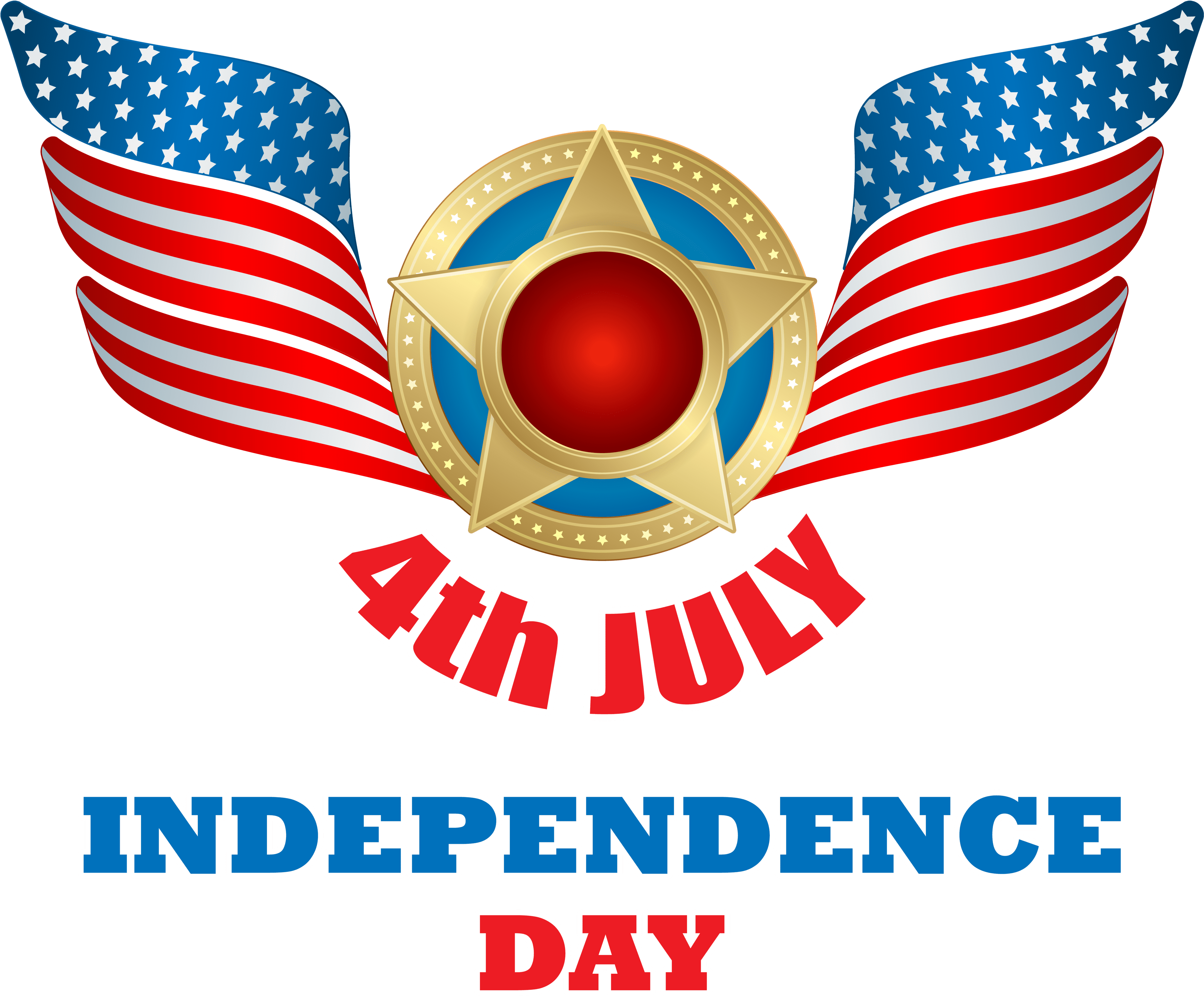 4th Of July 桌布 壁紙 — 一個大膽的圖形慶祝7月4日，金色星形獎章兩側有美國國旗翅膀，背景為黑色。