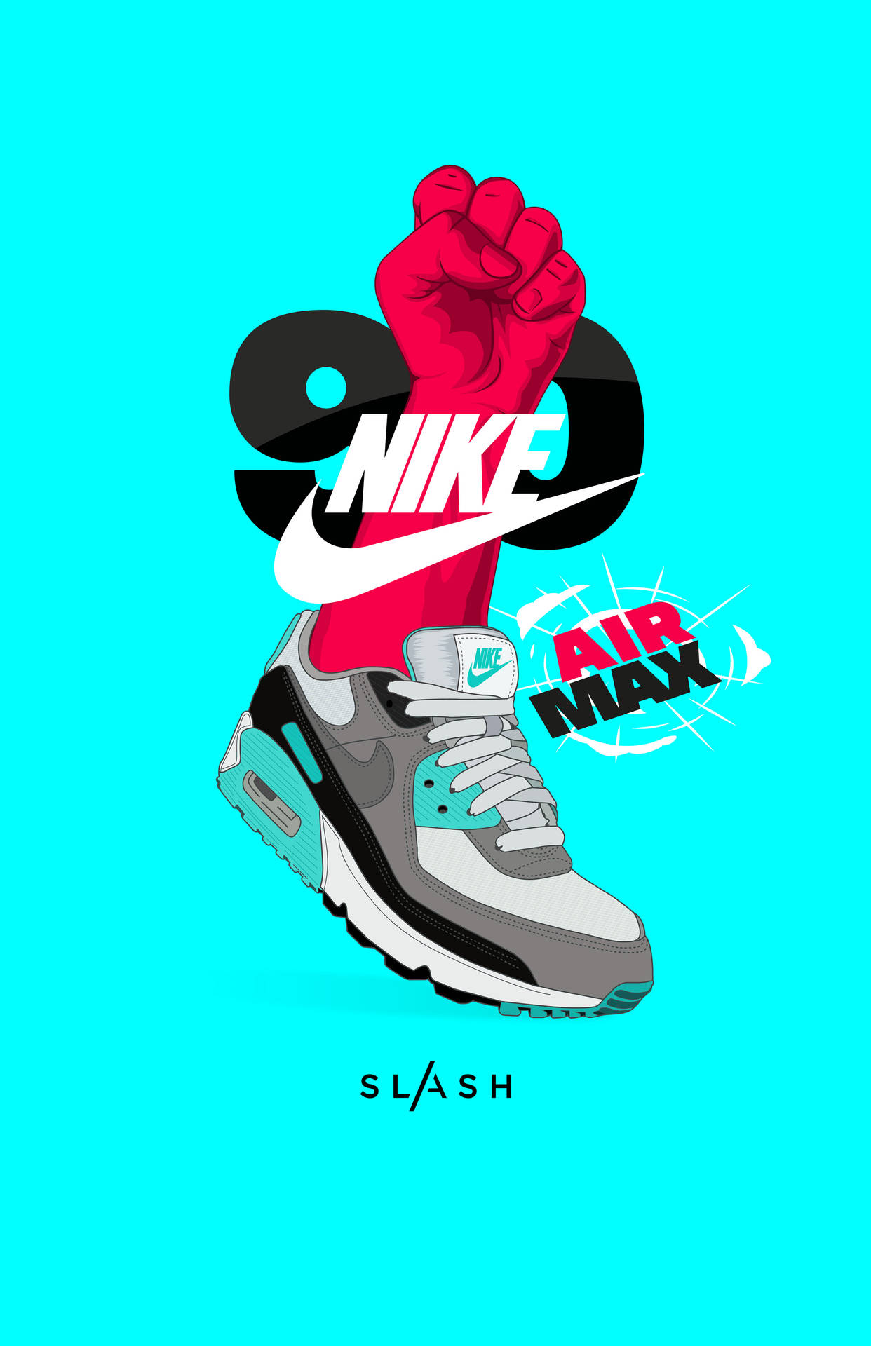 Nike 桌布 壁紙 — 一個大膽的圖形插圖，描繪了一隻Nike Air Max運動鞋，其標誌中伸出一隻紅色拳頭，背景是充滿活力的青色。