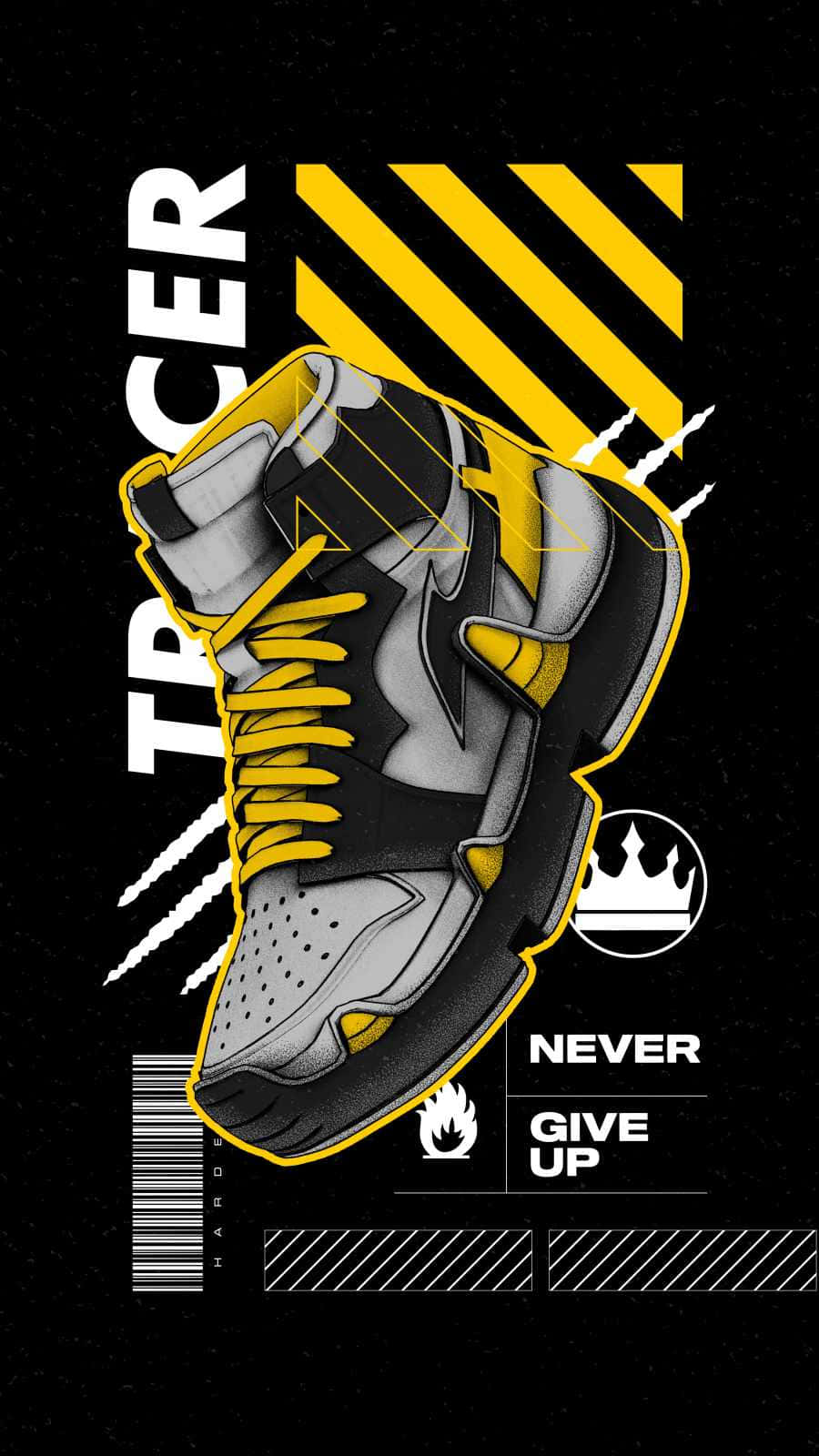 Sneaker 桌布 壁紙 — 一個大膽的圖形插圖，描繪了一雙黑黃配色的高筒運動鞋，帶有勵志文字和幾何圖案，背景為深色。