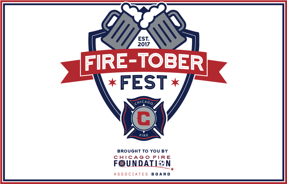 芝加哥 桌布 壁紙 — 一個大膽的圖形標誌，用於 Fire-Tober Fest，以交叉的啤酒杯和芝加哥火焰隊徽章為特色，背景為黑色。