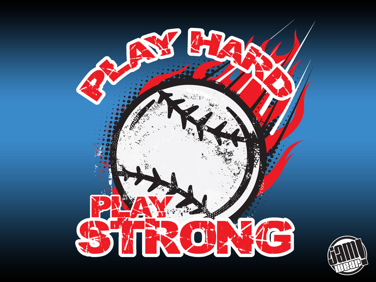 Cute Softball 桌布 壁紙 — 一個大膽的圖形設計，以一個破舊的棒球搭配紅色火焰裝飾，以及「PLAY HARD」和「PLAY STRONG」的粗糙紅色字體，背景為藍色漸變。