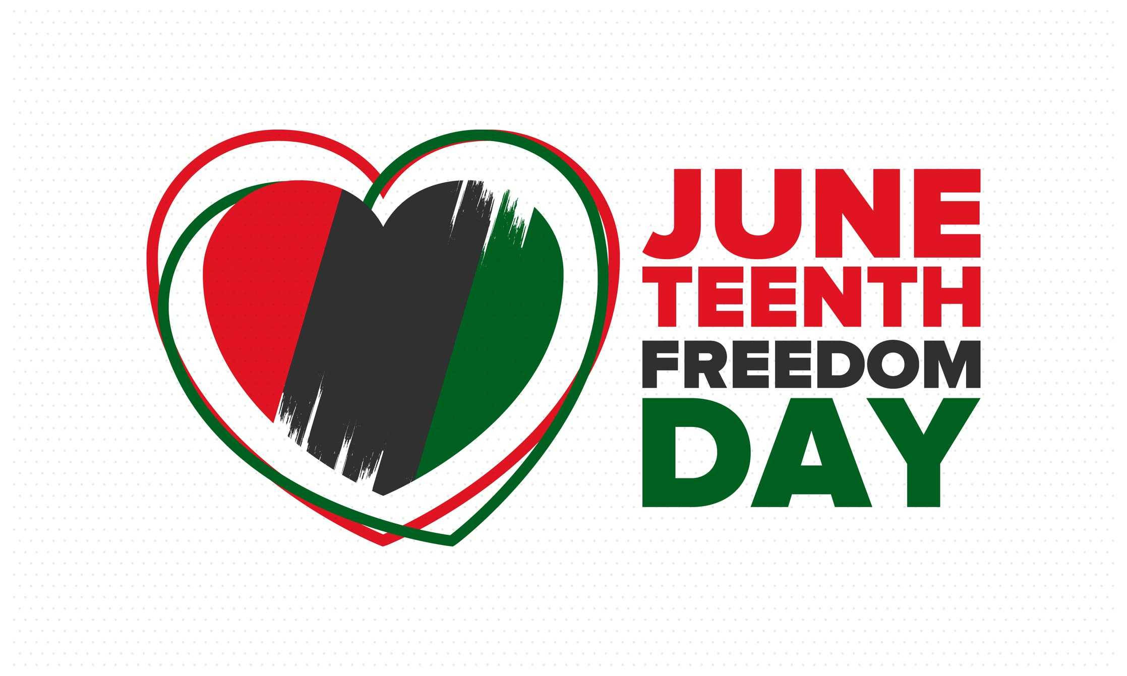 Juneteenth 桌布 壁紙 — 一個大膽的圖形設計，包含一個充滿紅色、黑色和綠色條紋的心形，以及匹配顏色的文字 June Sixteenth Freedom Day。