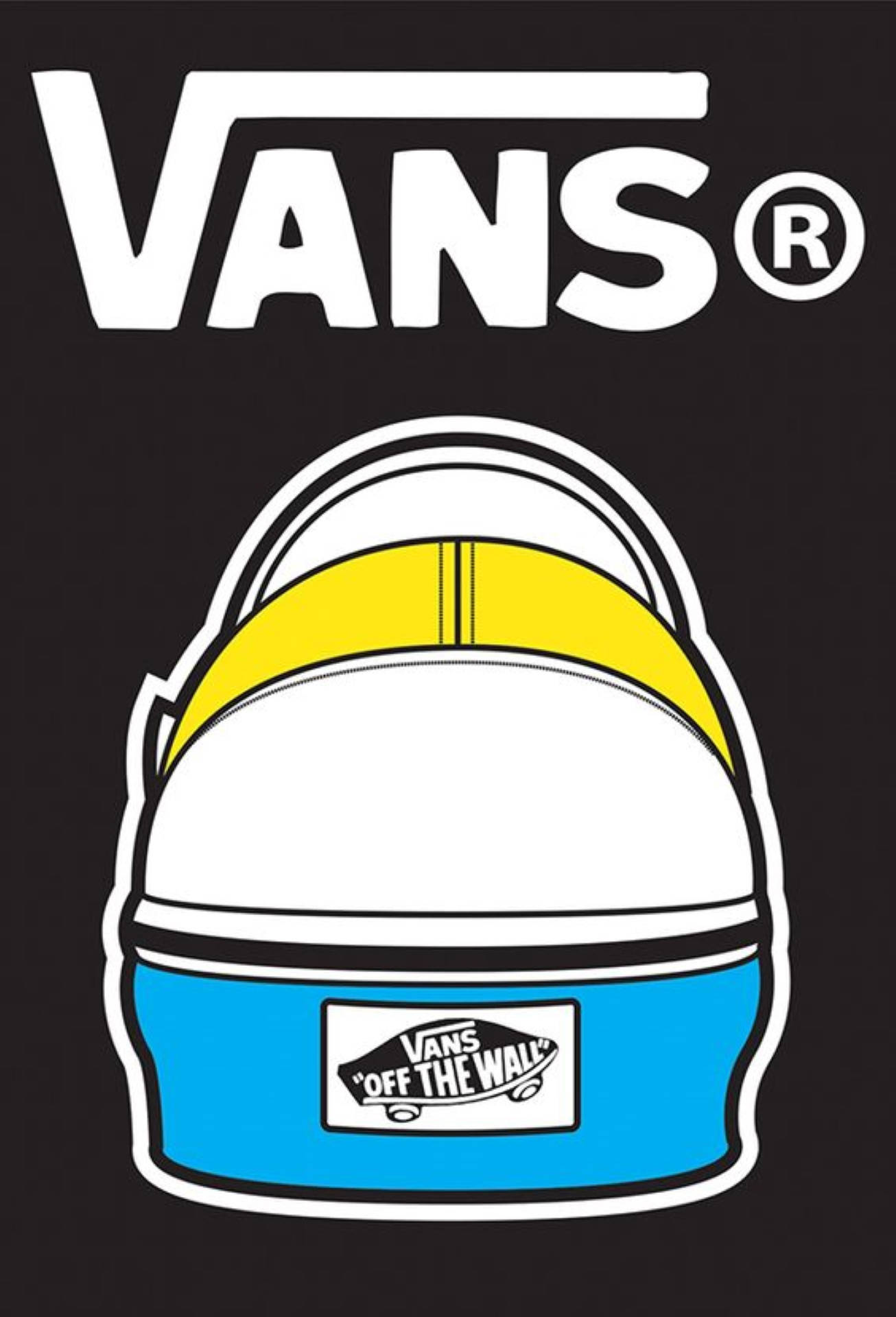 Vans Logo 桌布 壁紙 — 一個大膽的圖形設計，展示Vans背包，帶有黃色、白色和藍色部分，以及標誌性的Off The Wall標誌，背景為黑色。