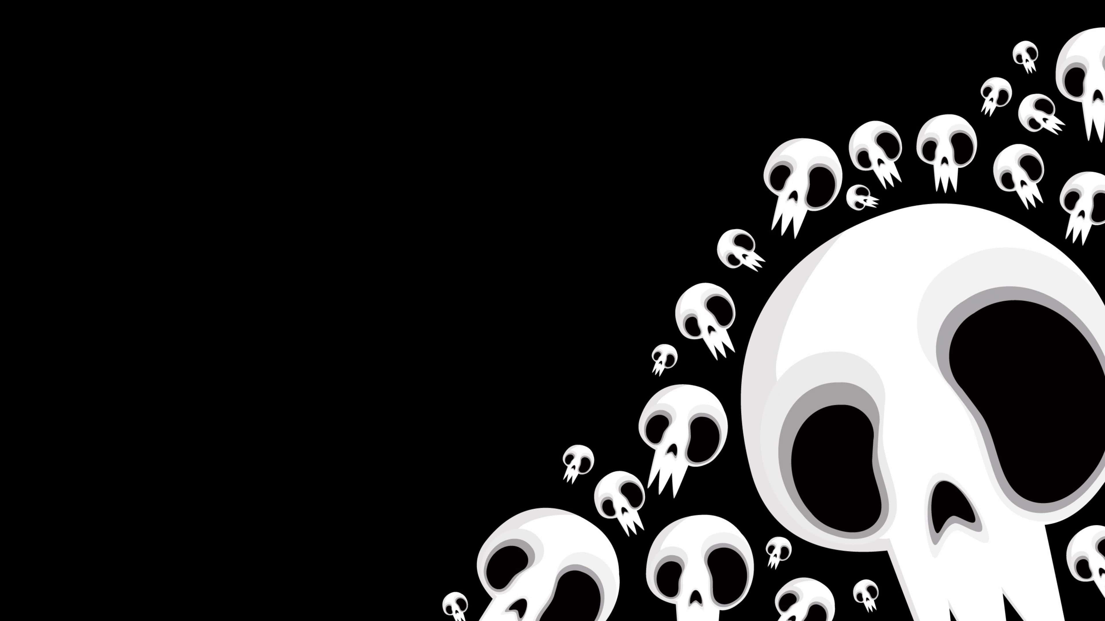 Awesome Skull 桌布 壁紙 — 一個大膽的圖形設計，白色卡通骷髏頭沿對角線排列在純黑背景上。