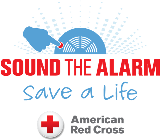 Red Cross 桌布 壁紙 — 一個大膽的圖形顯示一隻藍色手按壓藍色警報器上的紅色按鈕，帶有放射狀圓點和文字「SOUND THE ALARM Save a Life」，以及美國紅十字會標誌。