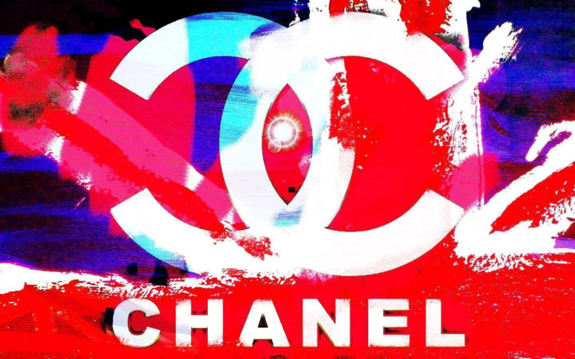 香奈兒標誌 桌布 壁紙 — 一個大膽的塗鴉風格 Chanel 標誌，帶有鮮豔的紅色、藍色和白色油漆飛濺，中央有一個發光的眼睛。