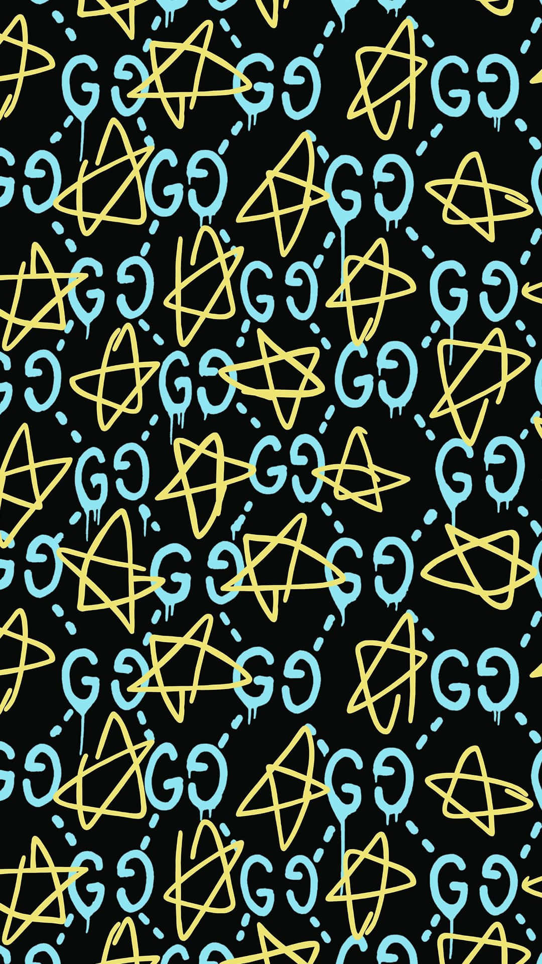 Gucci 桌布 壁紙 — 一個大膽的塗鴉風格圖案，黃色和青色的星星和「G」在黑色背景上滴落。