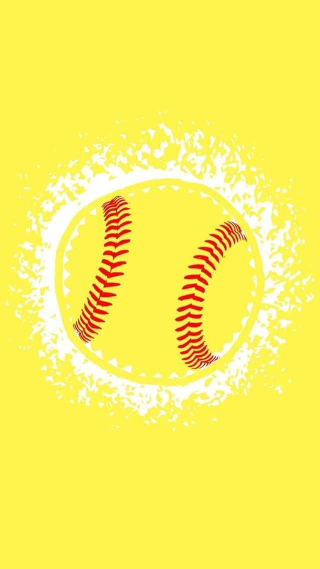 Cute Softball 桌布 壁紙 — 一個大膽的壘球，紅色縫線居中，背景是鮮豔的黃色，帶有白色潑濺點綴。