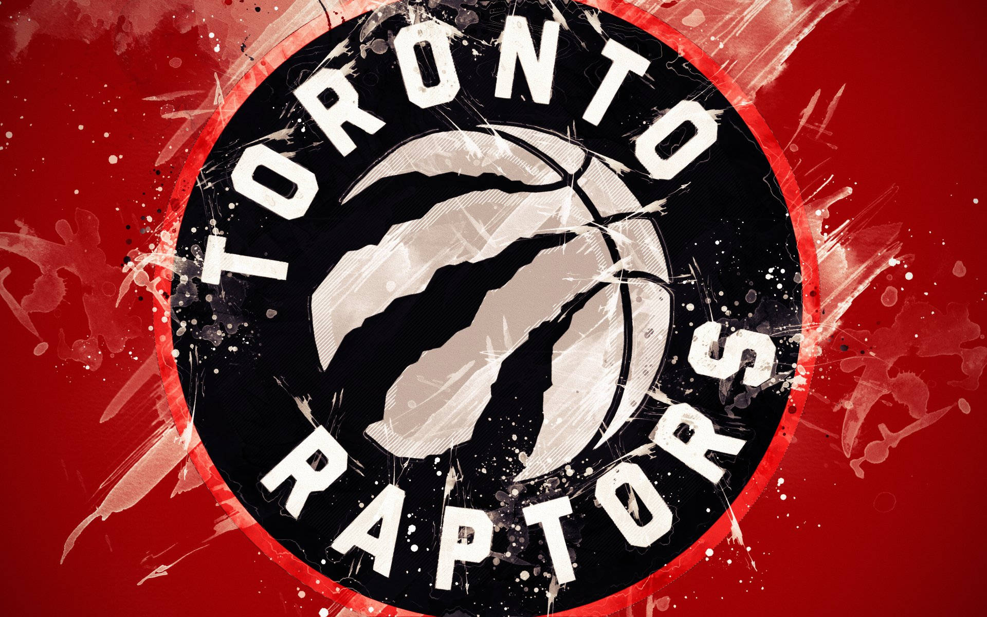 Raptors 桌布 壁紙 — 一個大膽的多倫多暴龍隊標誌，以籃球和爪設計為中心，置於充滿活力的紅色背景上，帶有白色飛濺效果。