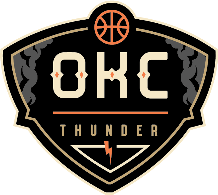 thunder 桌布 壁紙 — 一個大膽的奧克拉荷馬城雷霆隊標誌，在風格化的字母上方有一個籃球，並帶有閃電圖案。