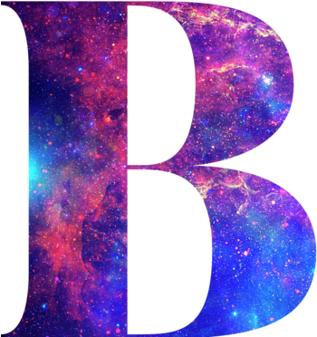 字母B 桌布 壁紙 — 一個大膽的字母B，充滿了紫色、粉紅色和藍色的鮮豔宇宙星雲，背景是黑色虛空。