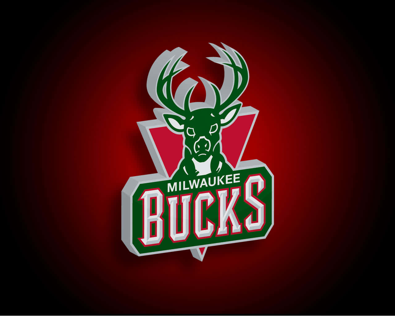 Milwaukee Bucks Logo 桌布 壁紙 — 一個大膽的密爾瓦基公鹿標誌，在深紅色漸層背景上，有一個綠色鹿頭和銀色鹿角。