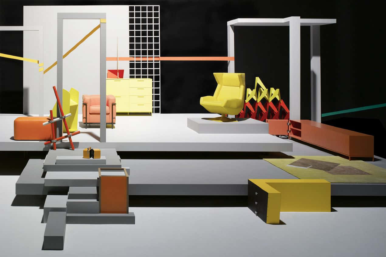 Constructivism 桌布 壁紙 — 一個大膽的幾何室內場景，有浮動平台和鮮豔的黃橙色家具，對比鮮明的黑白牆壁。