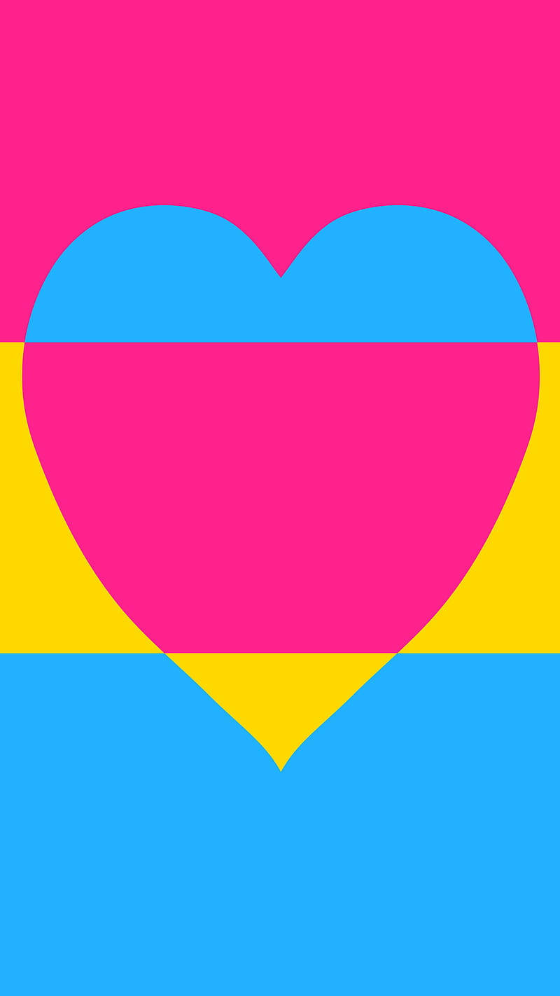 Pansexual 桌布 壁紙 — 一個大膽的幾何心形，水平分割成鮮豔的粉紅色、藍色和黃色，背景為粉紅色。