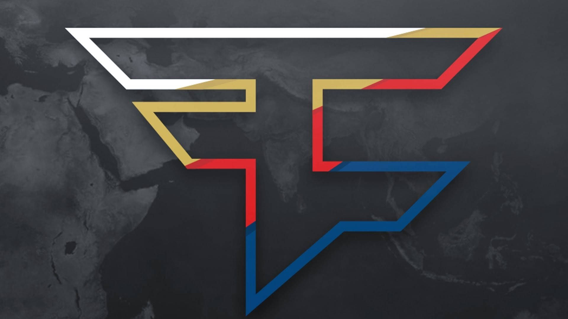 運動 桌布 壁紙 — 一個大膽的幾何標誌，以白色、金色、紅色和藍色疊加在深色紋理的世界地圖背景上。