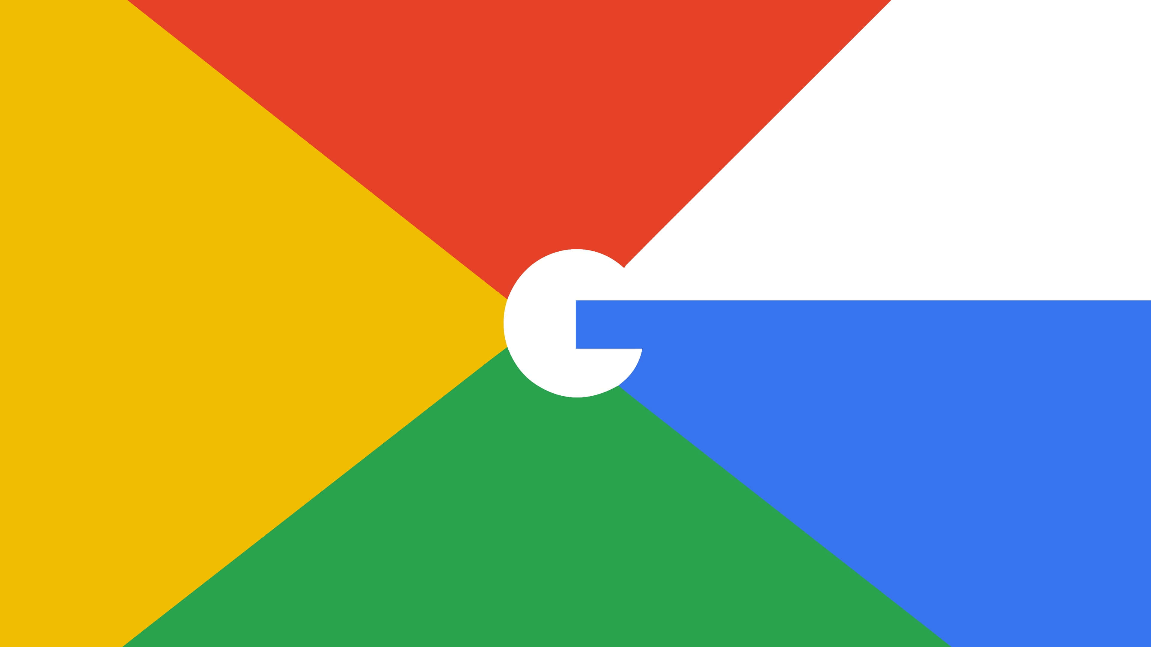 Google Chrome 桌布 壁紙 — 一個大膽的幾何標誌，白色 'G' 居中，背景為紅、黃、綠、藍色三角形組成的鮮豔多彩背景。