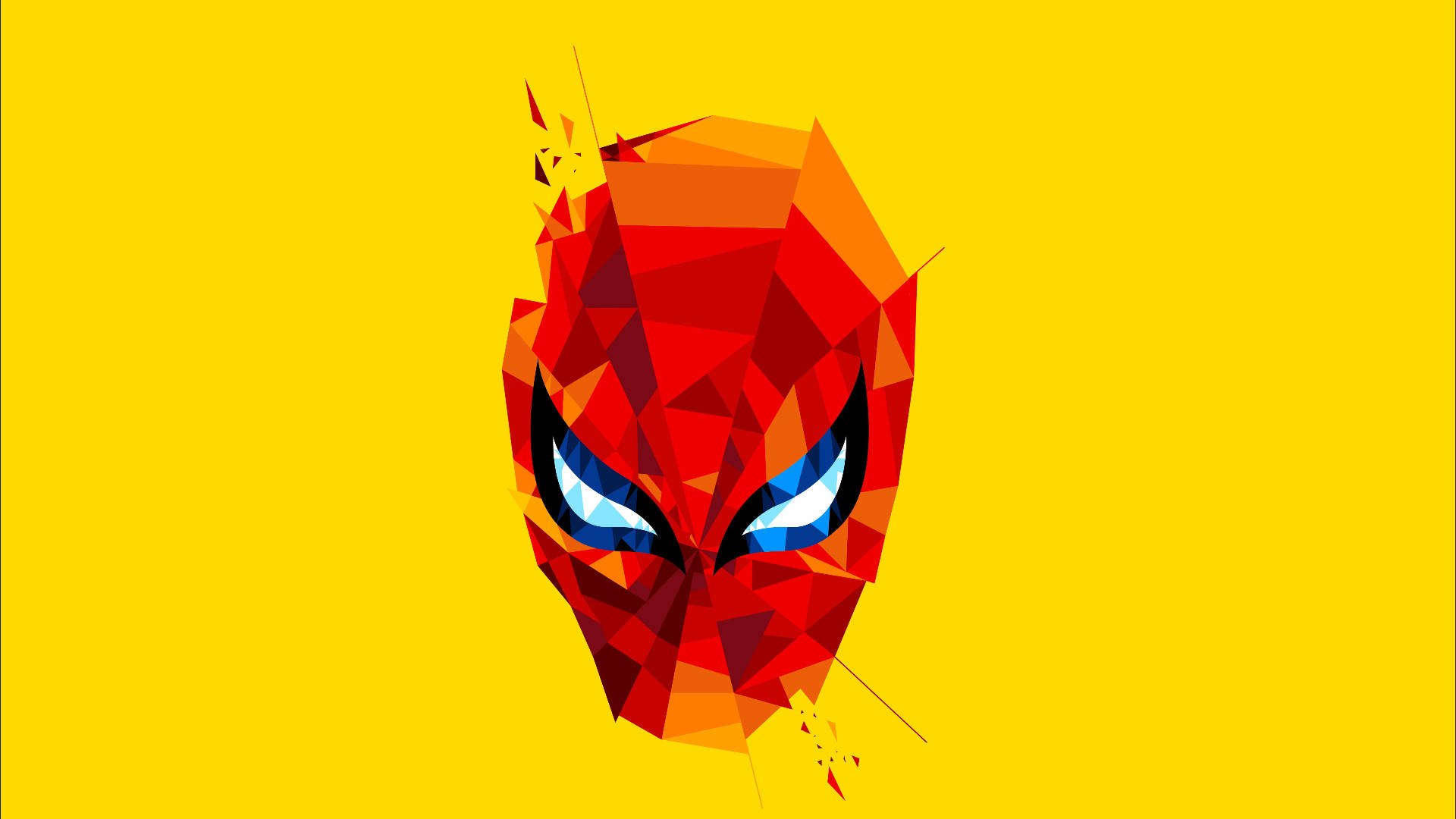 Spider Man 桌布 壁紙 — 一個大膽的幾何蜘蛛人面具，由紅色和橙色三角形組成，在鮮黃色背景下強烈凝視。