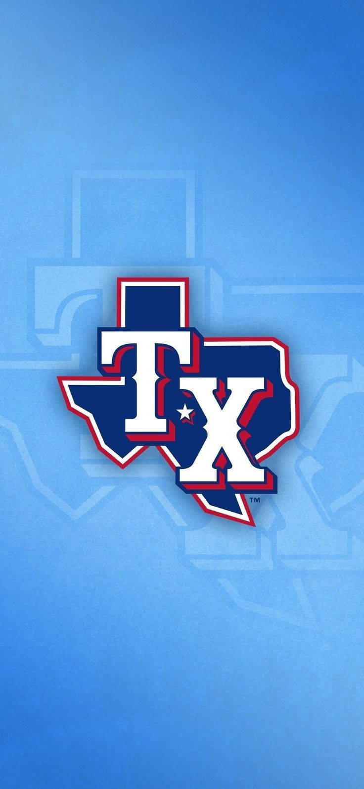 Texas Rangers 桌布 壁紙 — 一個大膽的德克薩斯州輪廓標誌，帶有白色 TX 字母和一顆星星，背景為藍色，帶有微妙的幾何圖案。