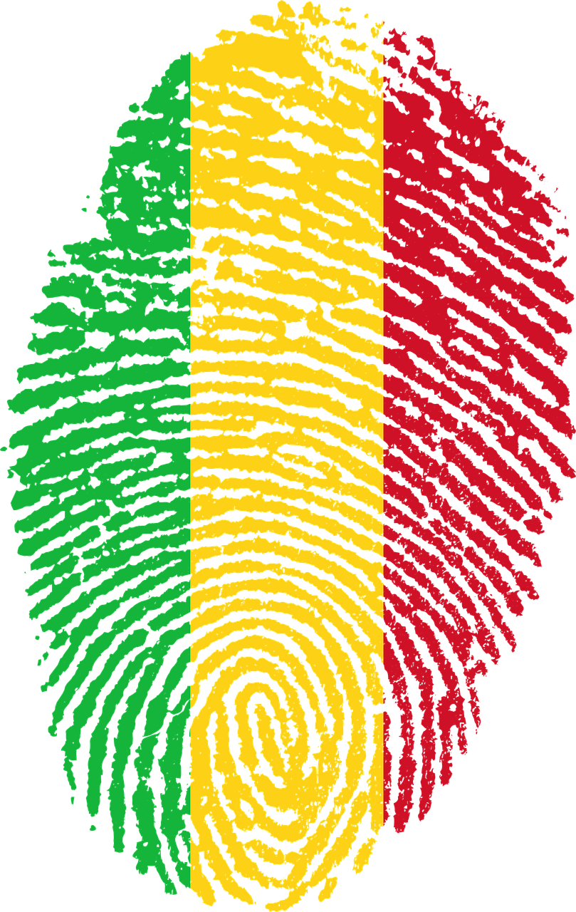Mali 桌布 壁紙 — 一個大膽的指紋圖案，在黑色背景上填充了綠色、黃色和紅色的垂直條紋。