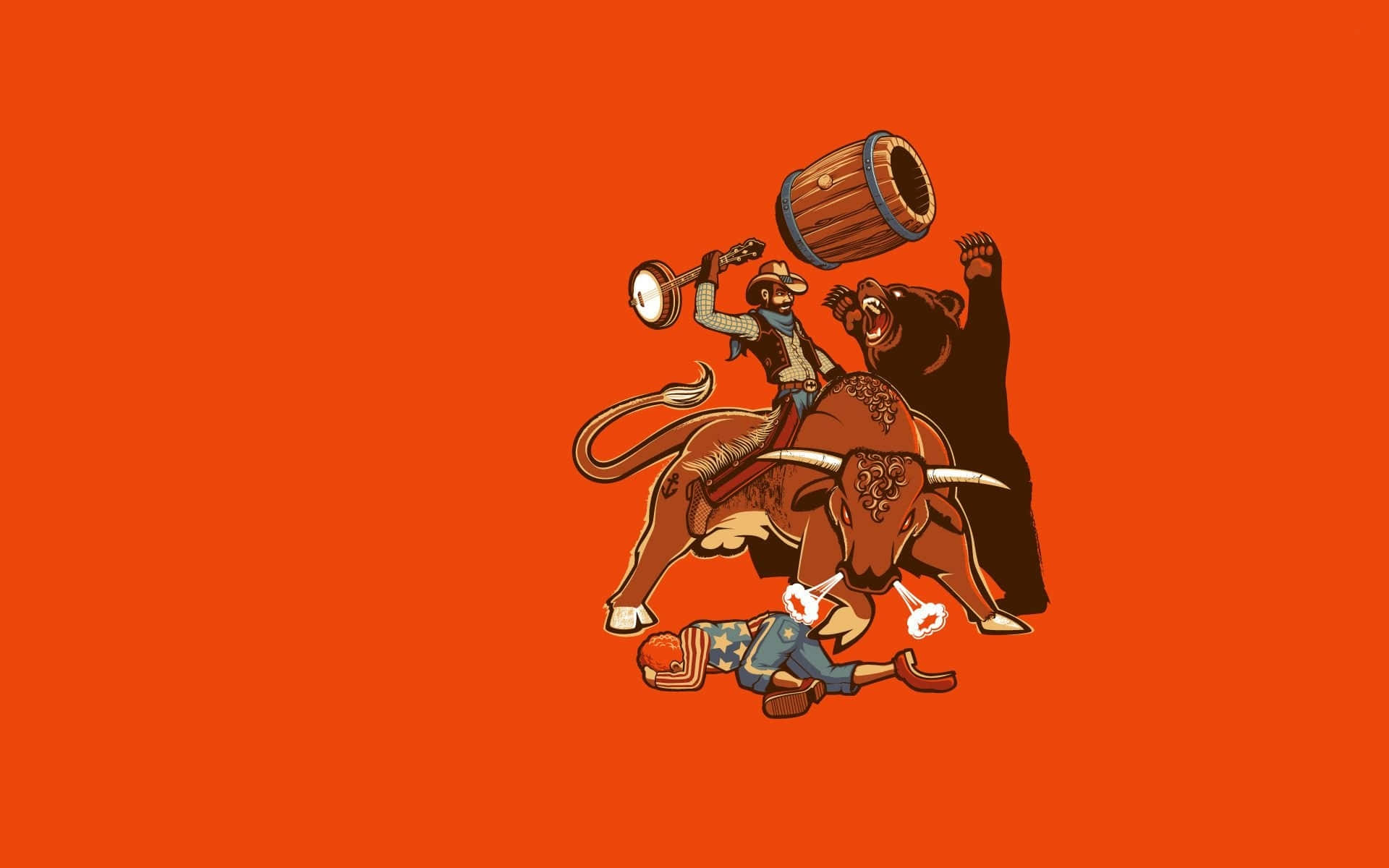 Rodeo 桌布 壁紙 — 一個大膽的插圖，描繪一名牛仔騎著公牛，揮舞著鼓和號角，對抗一頭咆哮的熊和一個倒下的男人，背景為橙色。