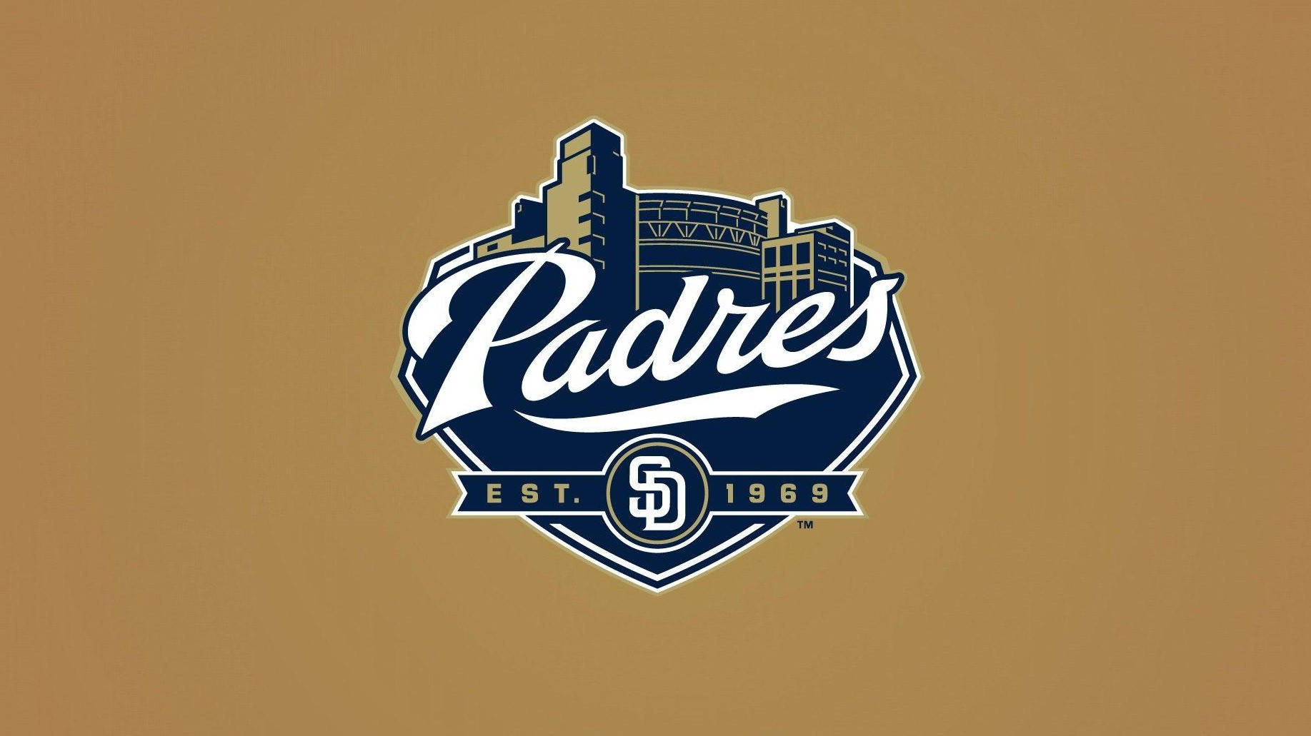 Padres 桌布 壁紙 — 一個大膽的教士隊棒球標誌，帶有體育場輪廓和金色背景。