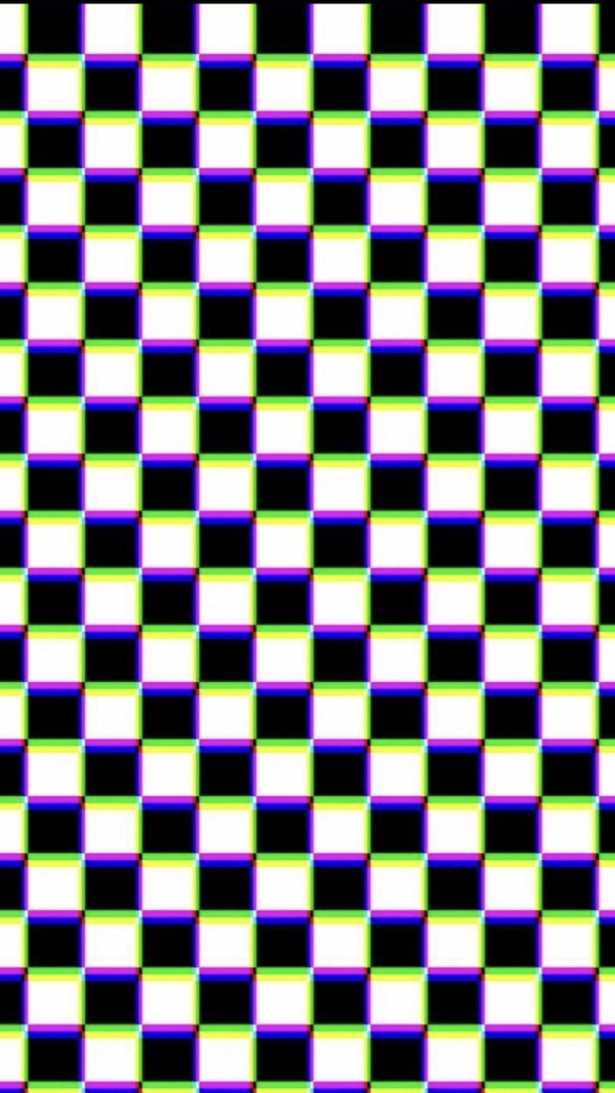 Black And White Squares 桌布 壁紙 — 一個大膽的數位圖案，由黑白方格組成，帶有故障風格的彩虹邊緣，營造出充滿活力的復古視覺效果。