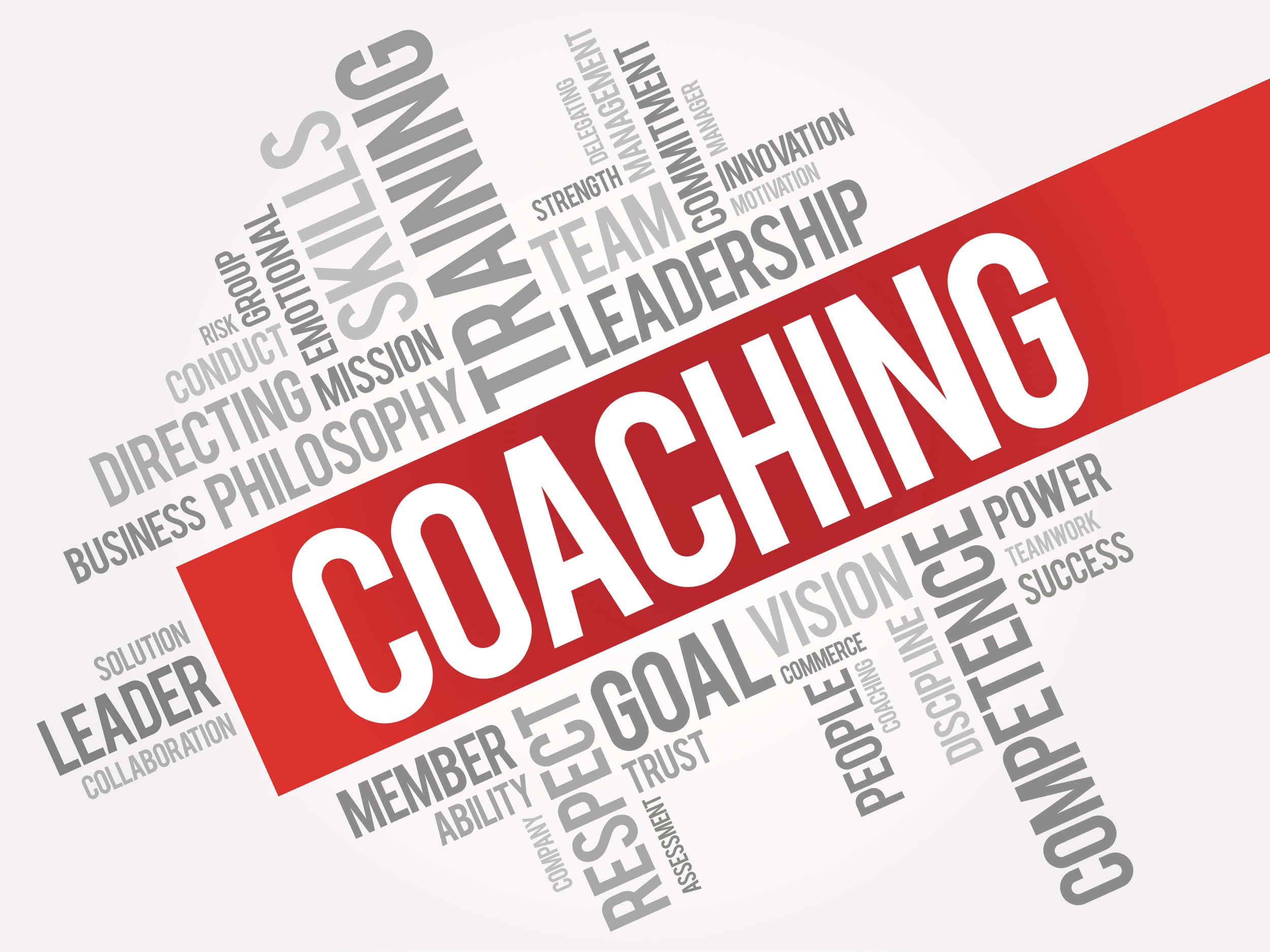 Coach 桌布 壁紙 — 一個大膽的文字雲，以「COACHING」為中心，相關詞彙如領導力、信任和目標以灰色文字顯示在紅色斜角橫幅上。