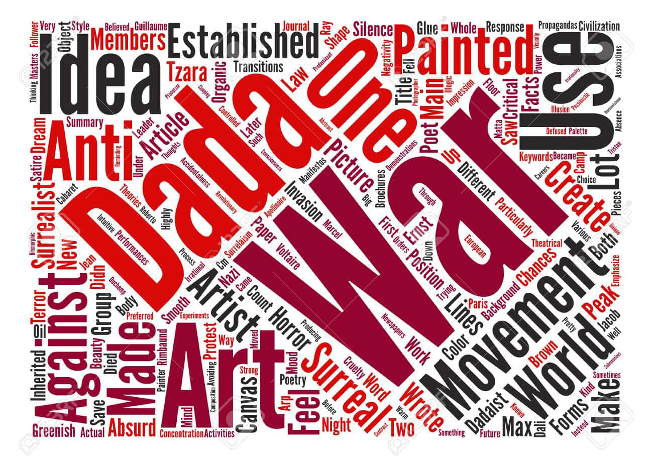 Dadaism 桌布 壁紙 — 一個大膽的文字雲，以「Dada War」為中心，周圍環繞著「Surreal」、「Art」和「Movement」等詞語，採用紅色和黑色。