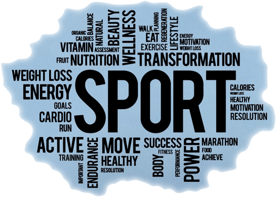 Motivation 桌布 壁紙 — 一個大膽的文字雲，以 'SPORT' 為中心，包含相關健身術語如 'FITNESS'、'ENERGY' 和 'TRANSFORMATION'，字體大小不一，背景為淺藍色。
