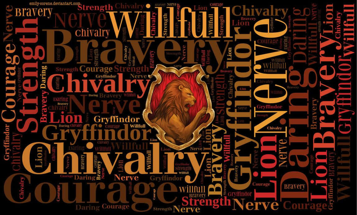 Harry Potter Gryffindor 桌布 壁紙 — 一個大膽的文字雲，以金色的葛萊芬多獅子徽章為中心，周圍環繞著勇氣、膽量和無畏等詞語，以火紅、金色和橙色旋轉。