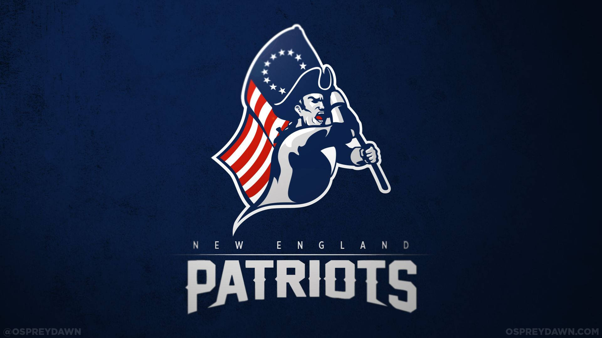 Patriots 桌布 壁紙 — 一個大膽的新英格蘭愛國者隊標誌，展示了一名殖民地士兵在帶有紋理的深藍色背景上舉著旗幟。