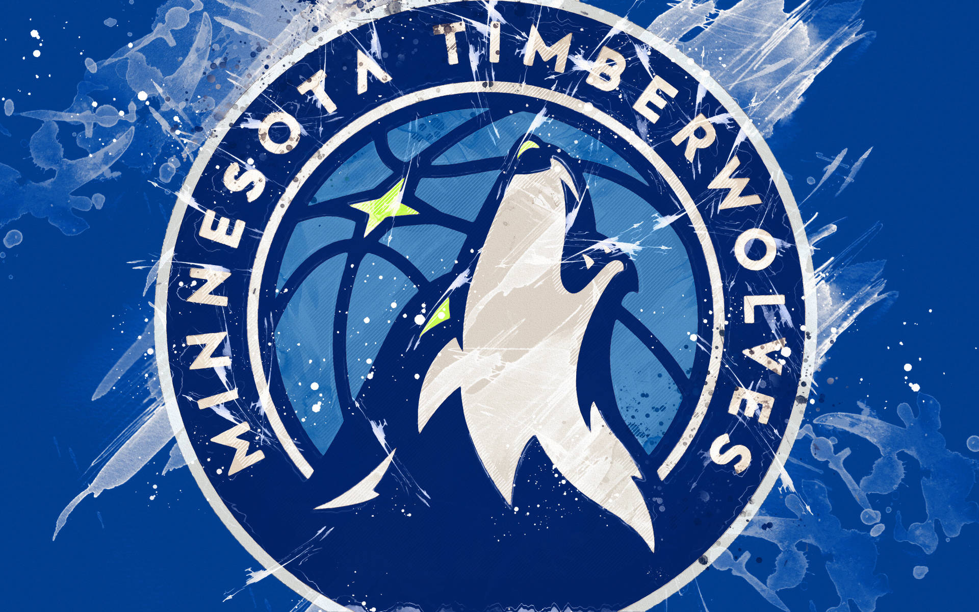 Timberwolves 桌布 壁紙 — 一個大膽的明尼蘇達灰狼隊標誌，包含一隻嚎叫的狼和籃球，背景是動態的藍色和白色油漆飛濺。