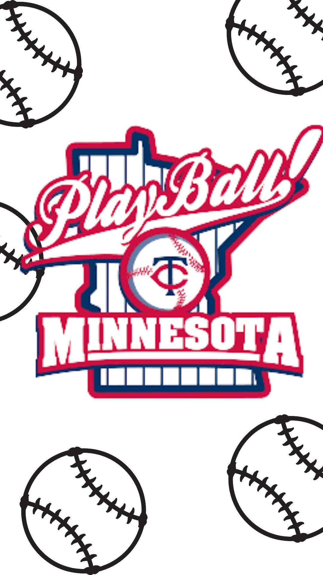 twins 桌布 壁紙 — 一個大膽的明尼蘇達雙城棒球標誌，帶有「Play Ball!」文字，周圍環繞著黑色輪廓的棒球，背景為白色。