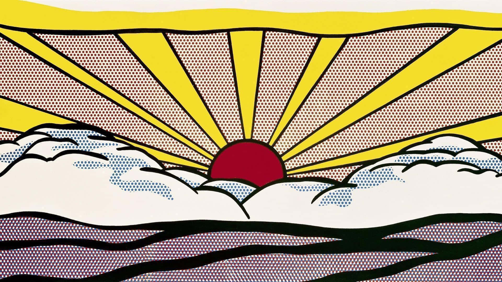 Japanese Pop Art 桌布 壁紙 — 一個大膽的普普藝術日出，紅色的太陽透過風格化的雲層在紫色波浪上散發出黃色光芒。