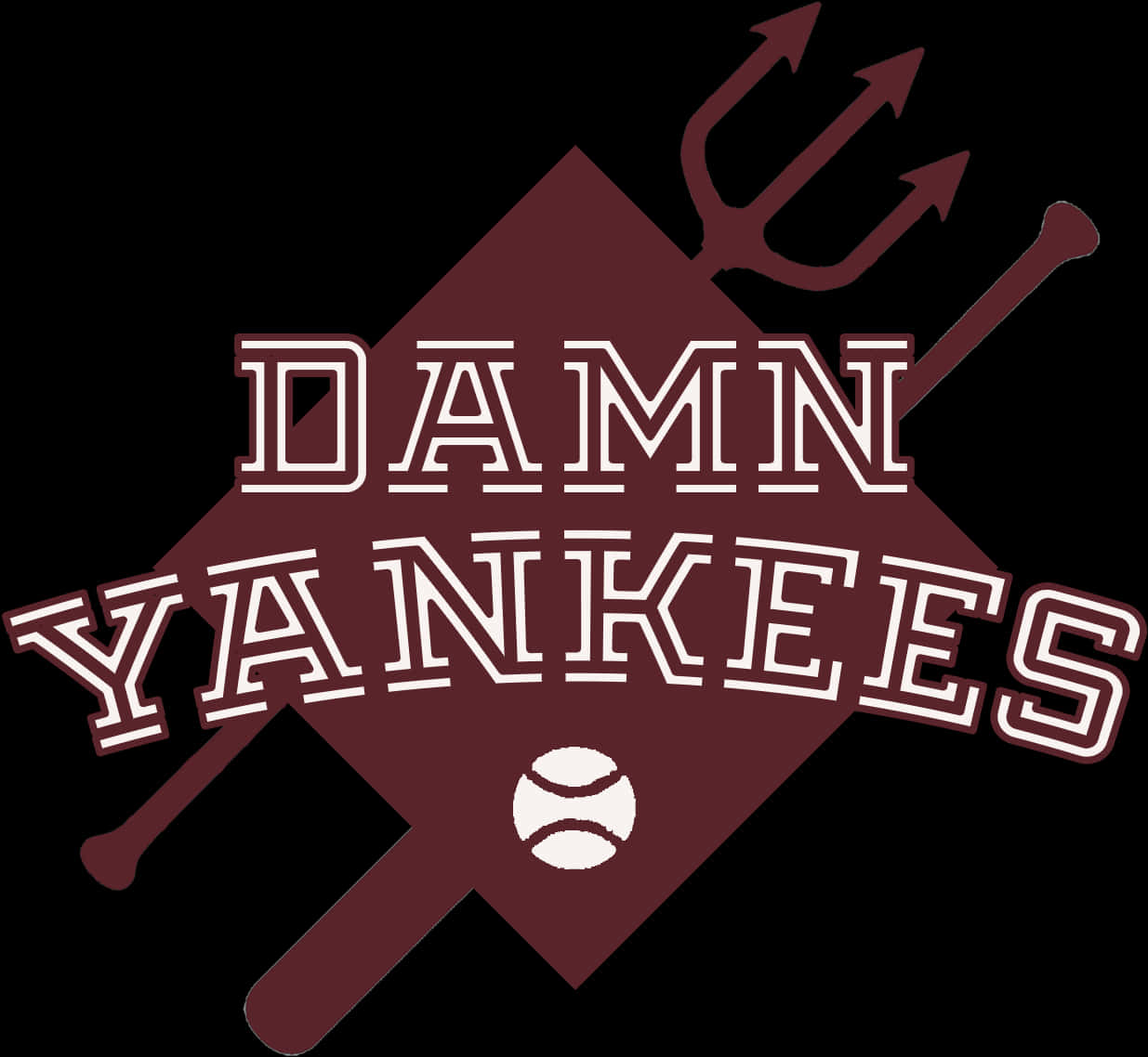 Yankees Logo 桌布 壁紙 — 一個大膽的栗色標誌，帶有交叉的棒球棍和一個三叉戟，上方有白色輪廓文字的 DAMN YANKEES。
