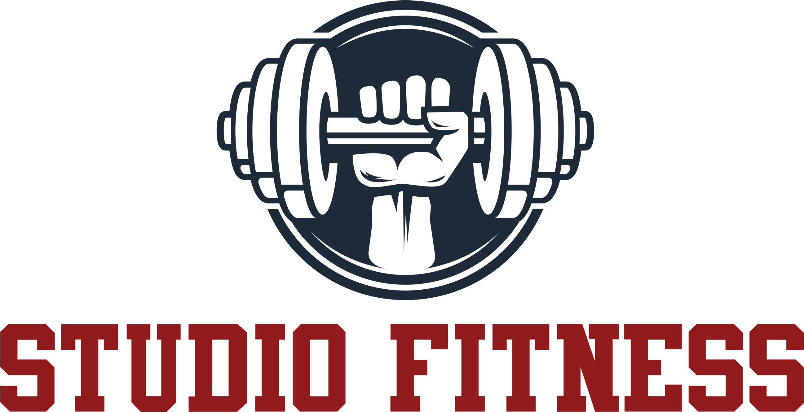 Fitness 桌布 壁紙 — 一個大膽的標誌，圓圈中心有一隻緊握槓鈴的拳頭，下方有紅色「STUDIO FITNESS」文字。