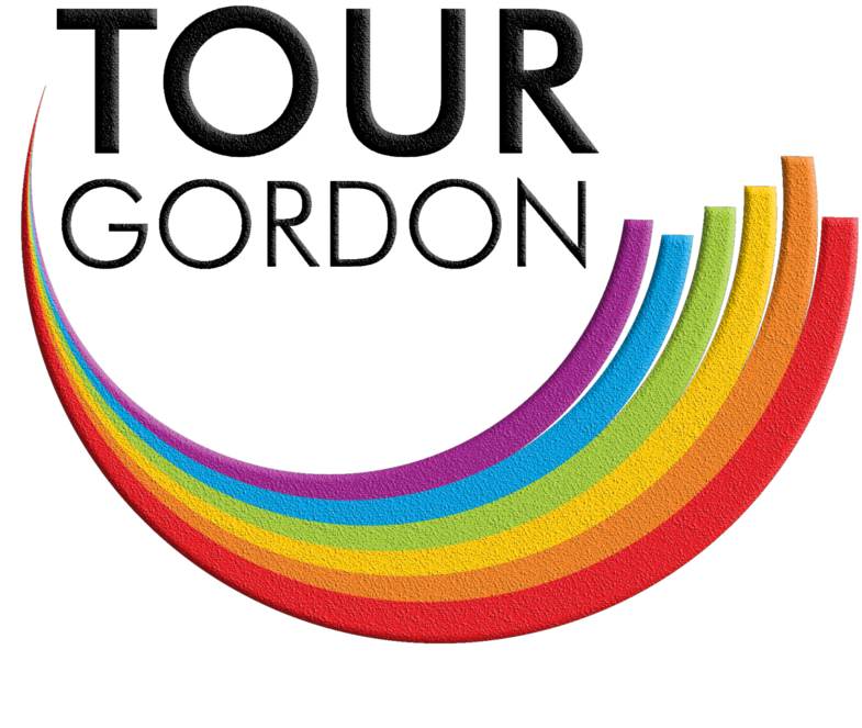 紐約 桌布 壁紙 — 一個大膽的標誌，帶有 'TOUR GORDON' 文字，拱形排列在紋理彩虹色新月之上，背景為黑色。