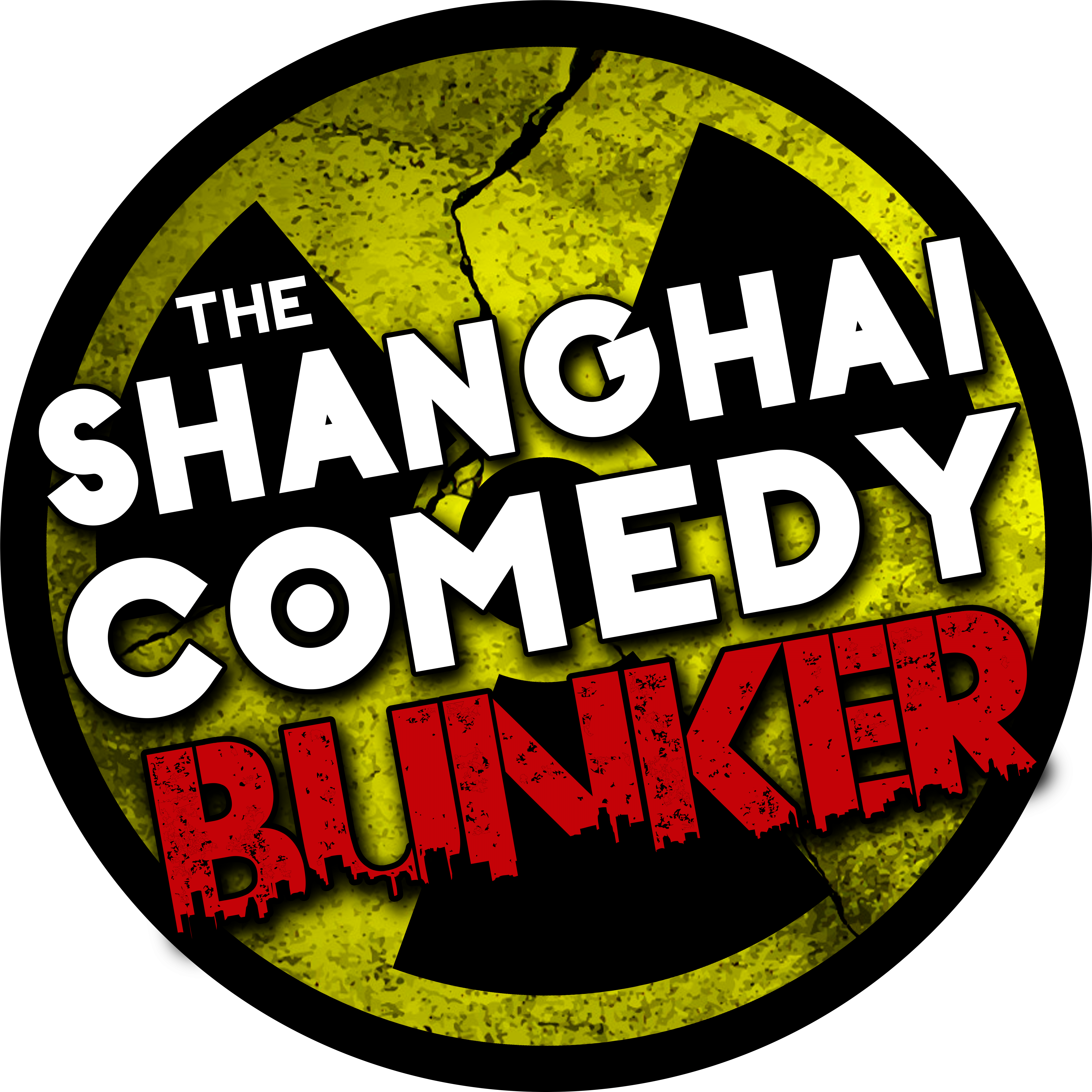 標誌 桌布 壁紙 — 一個大膽的標誌，為The Shanghai Comedy Bunker設計，帶有裂紋的黃色輻射標誌和白色及紅色的磨損文字。