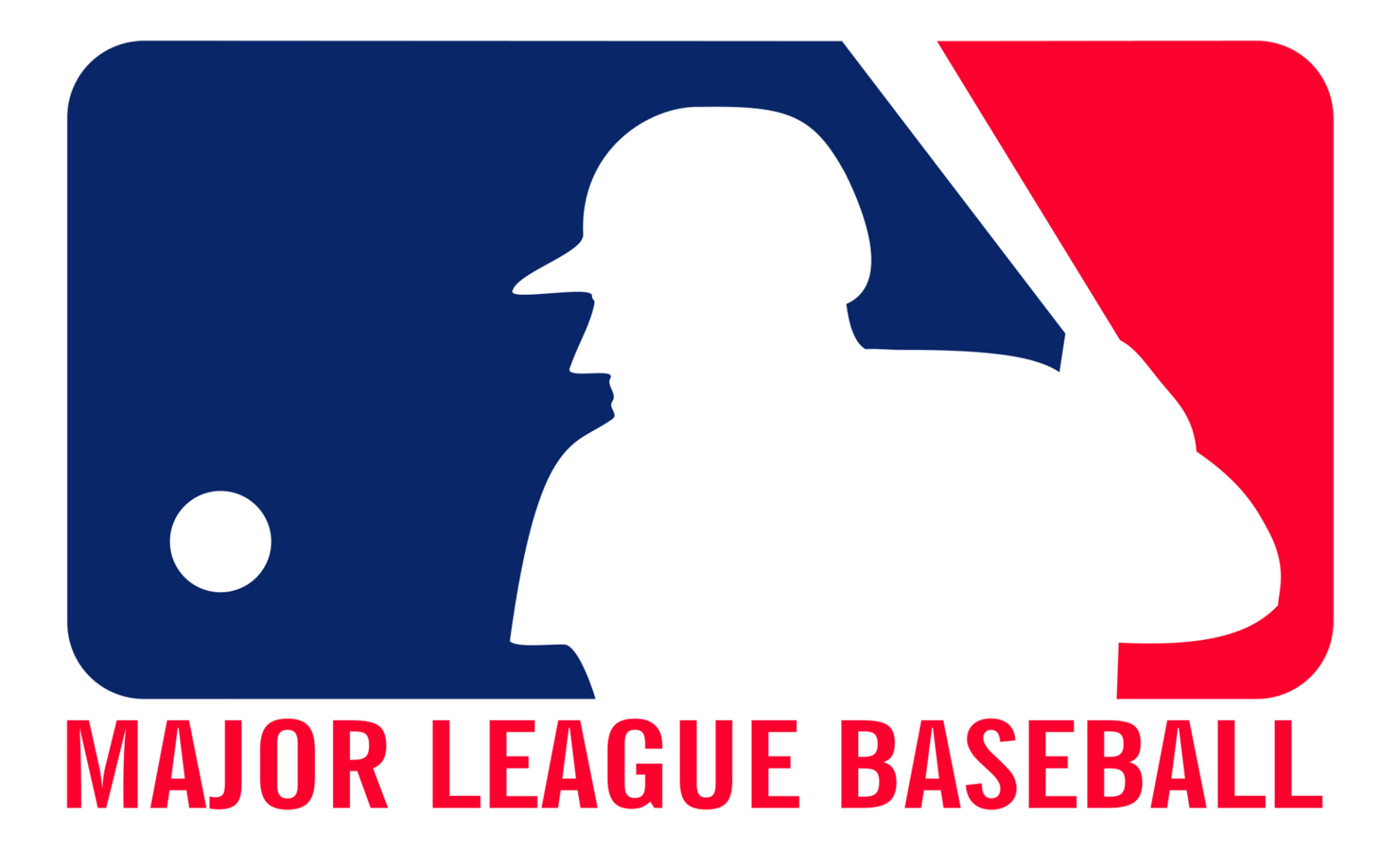 MLB 桌布 壁紙 — 一個大膽的標誌，白色棒球運動員剪影在藍色和紅色方塊上，下方有棒球和文字。