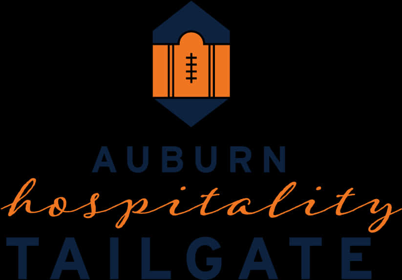 Auburn Logo 桌布 壁紙 — 一個大膽的標誌，藍色房子形狀內有一個橙色足球，並帶有文字Auburn Hospitality Tailgate。