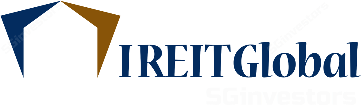 標誌 桌布 壁紙 — 一個大膽的標誌，藍色文字 'IREITGlobal' 搭配幾何藍色和金色形狀，以及白色對角重複的 'SGinvestors'。