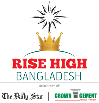 Bangladesh 桌布 壁紙 — 一個大膽的標誌，金色皇冠位於綠色拱門之上，紅色和藍綠色文字寫著「RISE HIGH BANGLADESH」，背景為黑色。