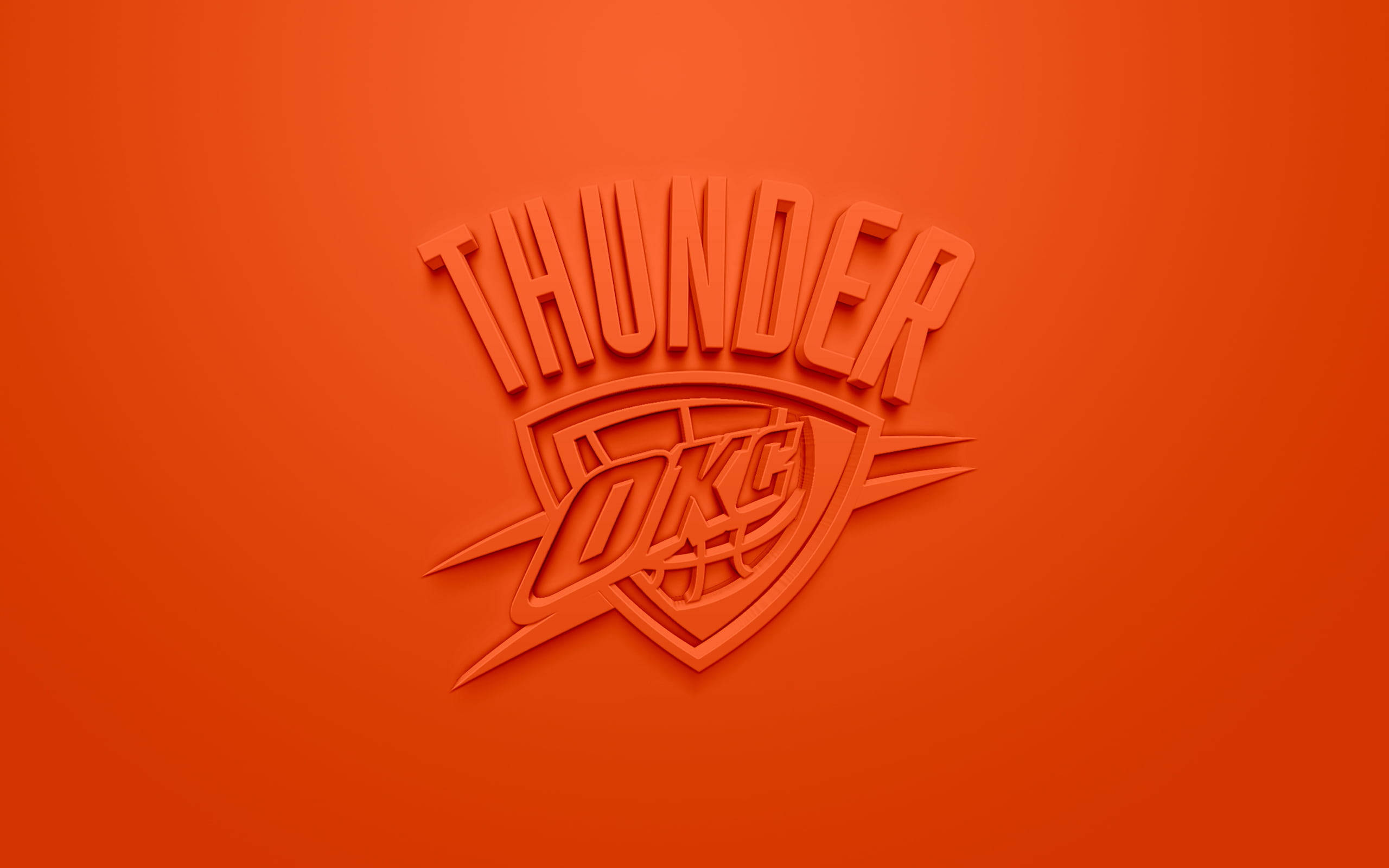 thunder 桌布 壁紙 — 一個大膽的橙色3D雷霆標誌，帶有'OKC'和籃球設計，在純橙色背景上脫穎而出。