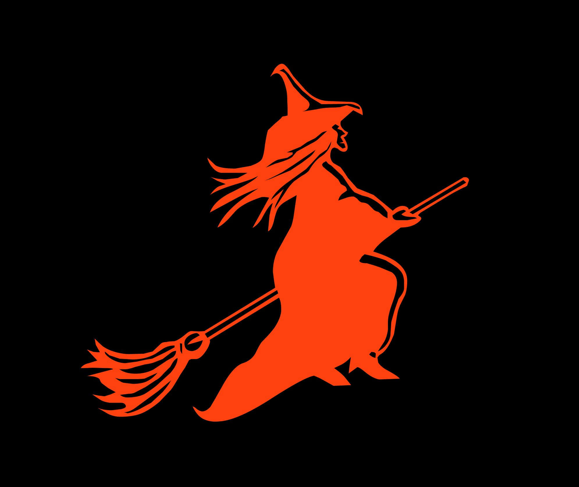 Witches Broom 桌布 壁紙 — 一個大膽的橙色剪影，女巫騎著掃帚在純黑背景上飛翔。