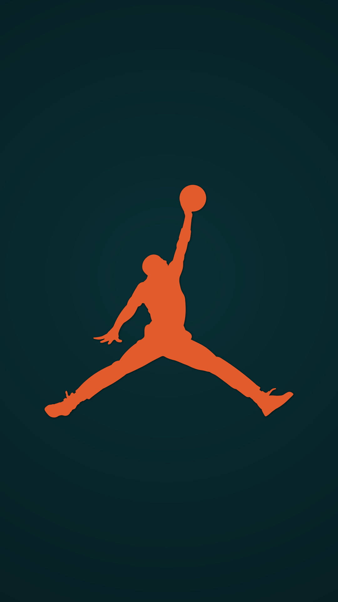 Jordan Logo 桌布 壁紙 — 一個大膽的橙色剪影，描繪籃球運動員在半空中灌籃，背景為深藍綠色漸變。