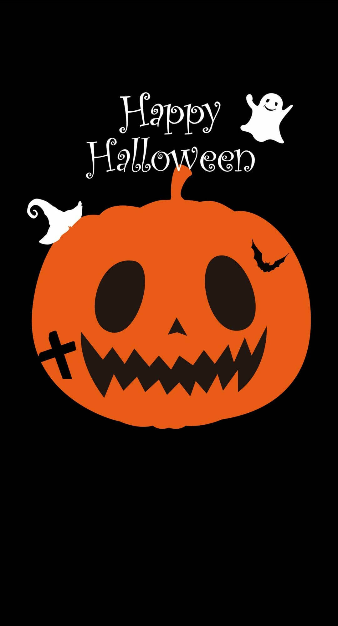 Cute Halloween Phone 桌布 壁紙 — 一個大膽的橙色南瓜燈，帶有縫合的笑容和蝙蝠眼睛，在黑色背景上發光，背景有漂浮的鬼魂和「Happy Halloween」文字。