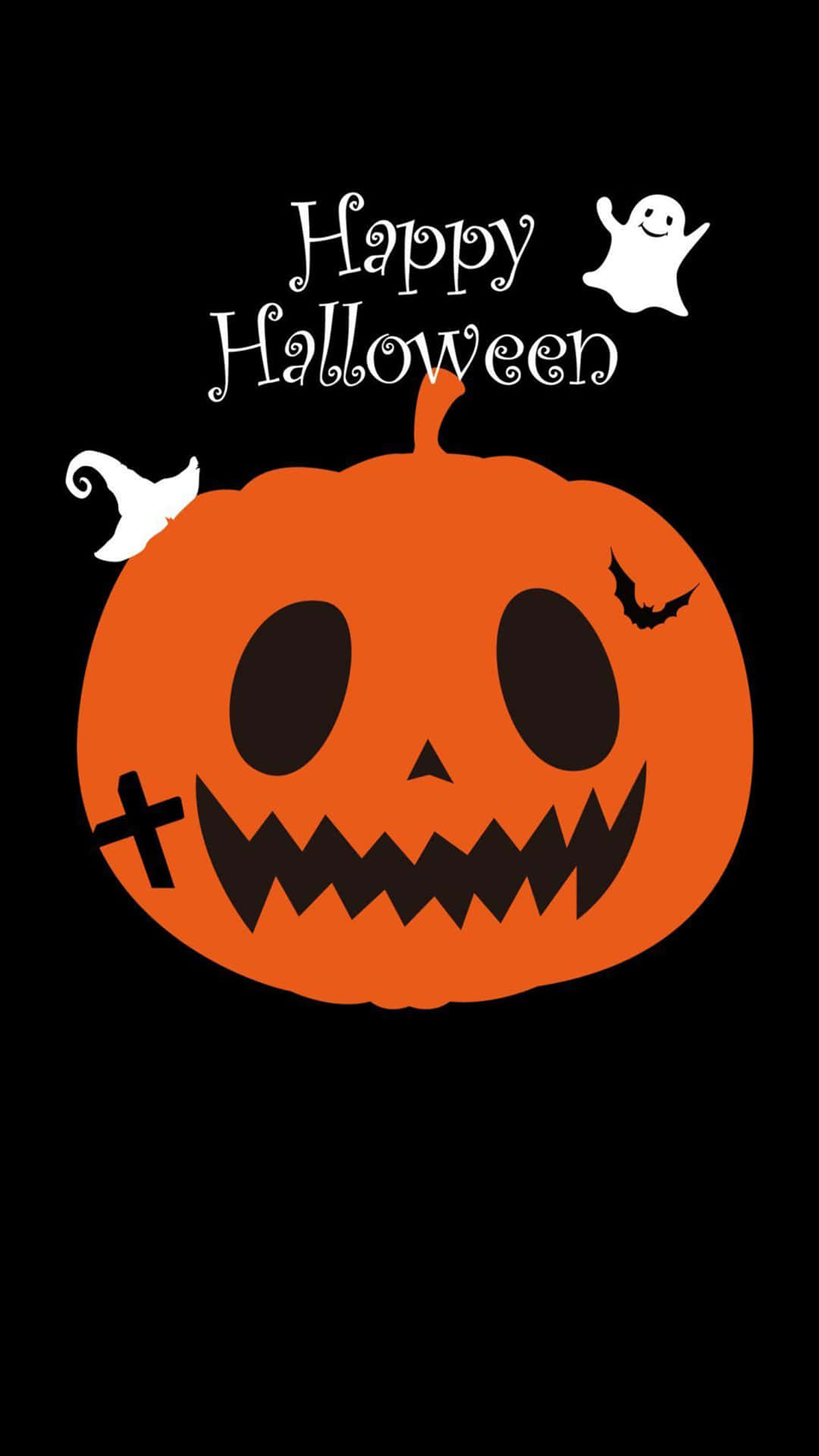 Jack O Lantern 桌布 壁紙 — 一個大膽的橙色南瓜燈，帶有鋸齒狀的笑容和黑色眼睛，漂浮在黑色背景上，有白色幽靈和「Happy Halloween」文字。